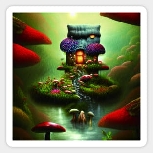 Sparkling Fantasy Cottage And Mushrooms with Lights an Glitter Background in Forest, Scenery Nature Magnet